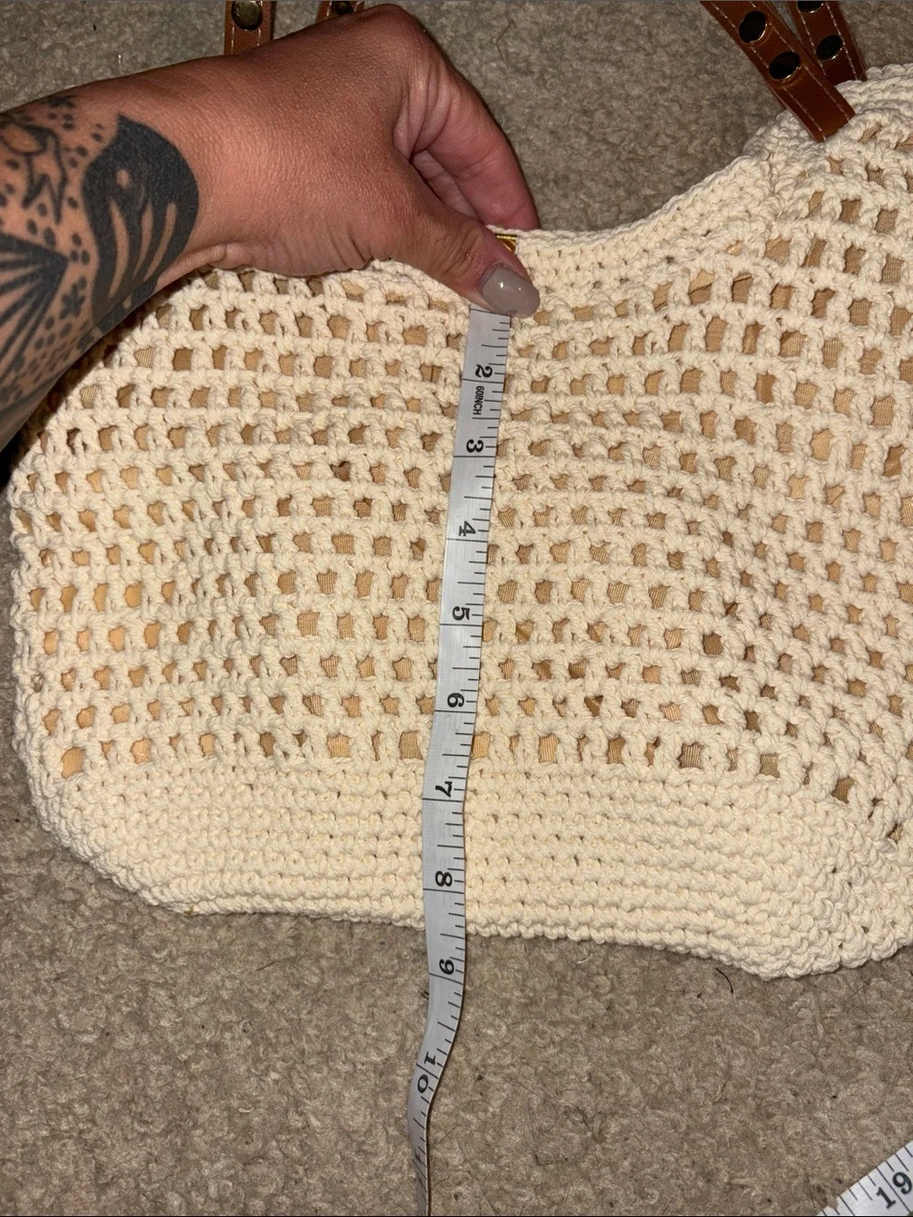 Cream Crochet Tote with Tan Shoulder Straps - Everyday Bag